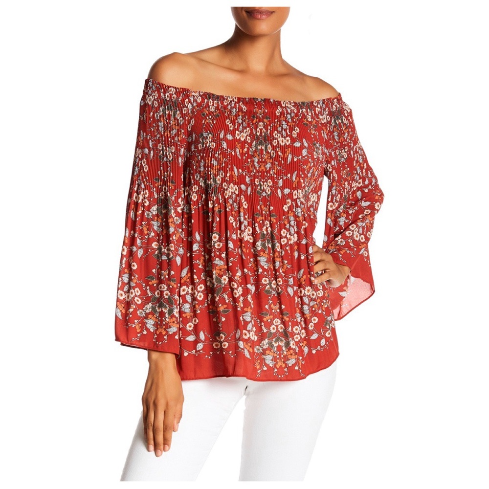 Max Studio Rust Red Floral Off-Shoulder Blouse